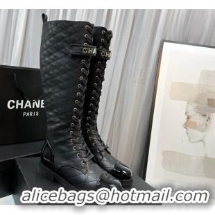 Stylish Chanel Quilted Lambskin & Patent Calfskin Lace-ups High Boots Black 801077