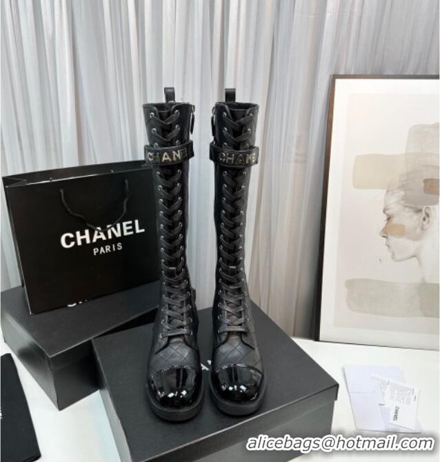 Stylish Chanel Quilted Lambskin & Patent Calfskin Lace-ups High Boots Black 801077