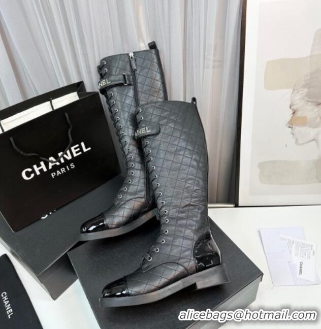 Stylish Chanel Quilted Lambskin & Patent Calfskin Lace-ups High Boots Black 801077