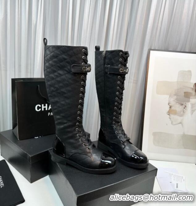 Stylish Chanel Quilted Lambskin & Patent Calfskin Lace-ups High Boots Black 801077