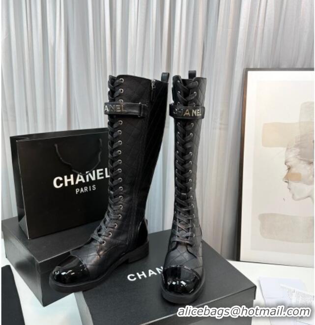 Stylish Chanel Quilted Lambskin & Patent Calfskin Lace-ups High Boots Black 801077