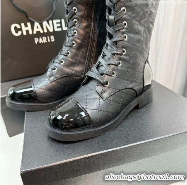 Stylish Chanel Quilted Lambskin & Patent Calfskin Lace-ups High Boots Black 801077