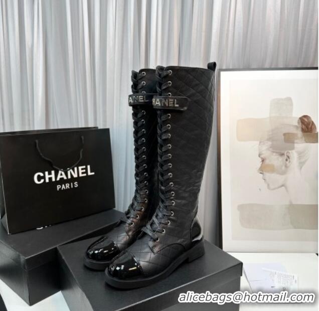 Stylish Chanel Quilted Lambskin & Patent Calfskin Lace-ups High Boots Black 801077