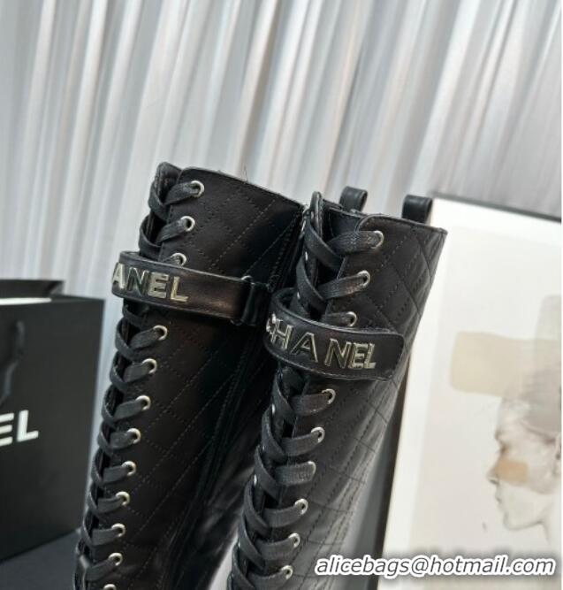 Stylish Chanel Quilted Lambskin & Patent Calfskin Lace-ups High Boots Black 801077