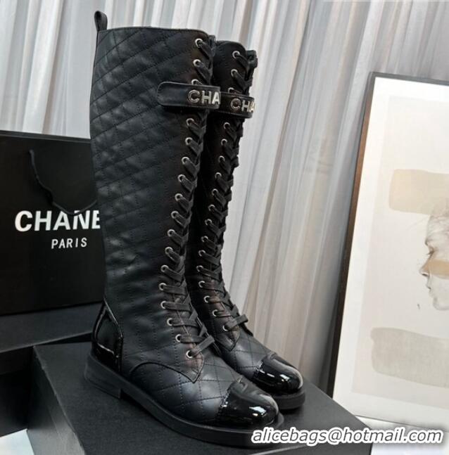 Stylish Chanel Quilted Lambskin & Patent Calfskin Lace-ups High Boots Black 801077