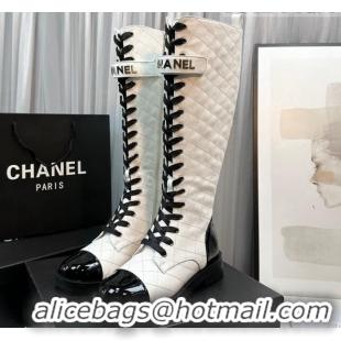 Purchase Chanel Quilted Lambskin & Patent Calfskin Lace-ups High Boots White 801078