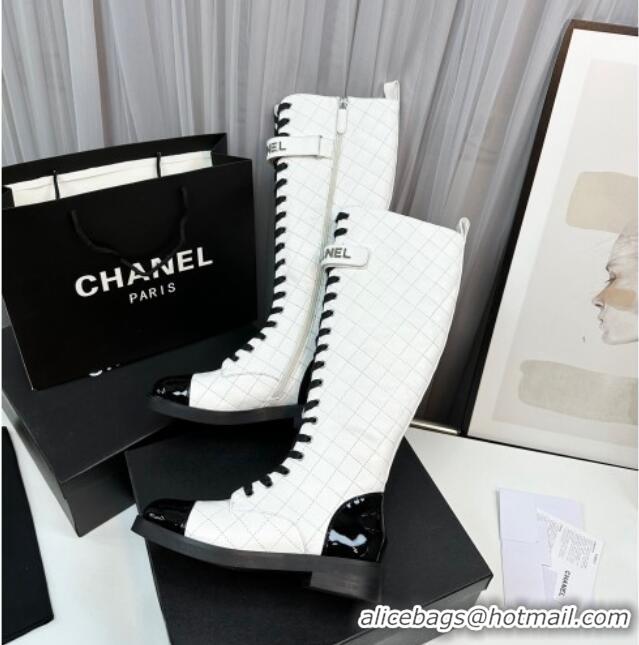 Purchase Chanel Quilted Lambskin & Patent Calfskin Lace-ups High Boots White 801078