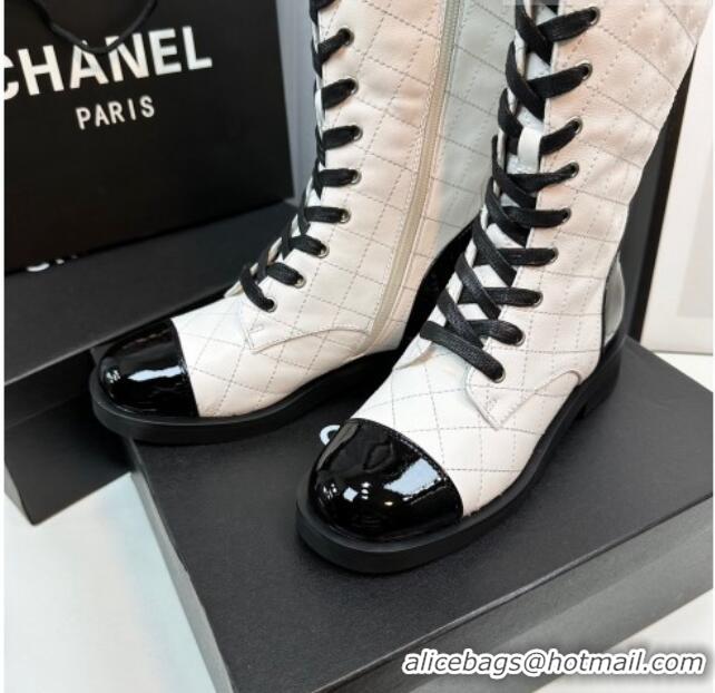 Purchase Chanel Quilted Lambskin & Patent Calfskin Lace-ups High Boots White 801078