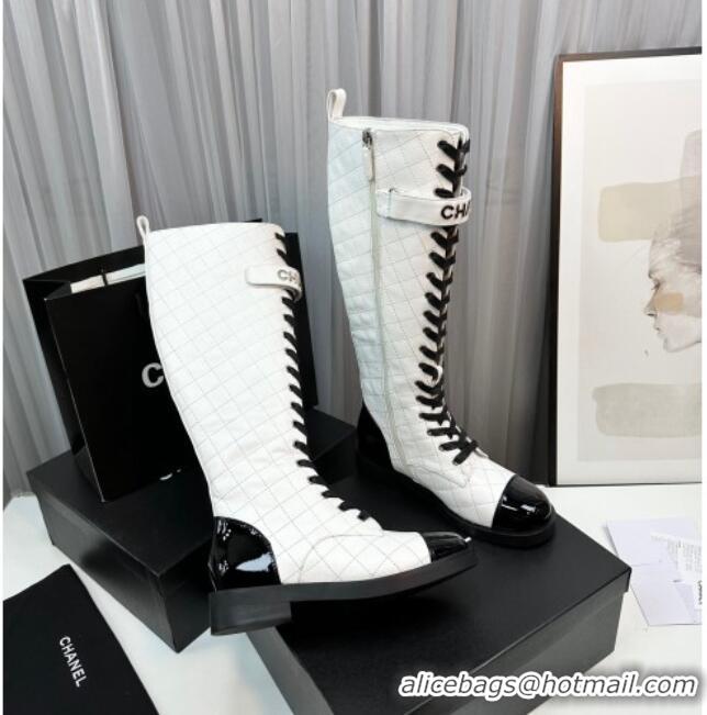 Purchase Chanel Quilted Lambskin & Patent Calfskin Lace-ups High Boots White 801078