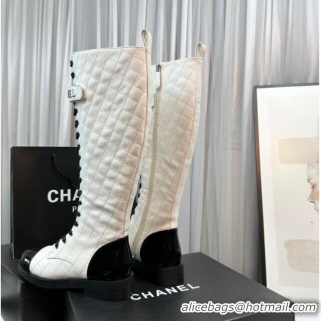 Purchase Chanel Quilted Lambskin & Patent Calfskin Lace-ups High Boots White 801078