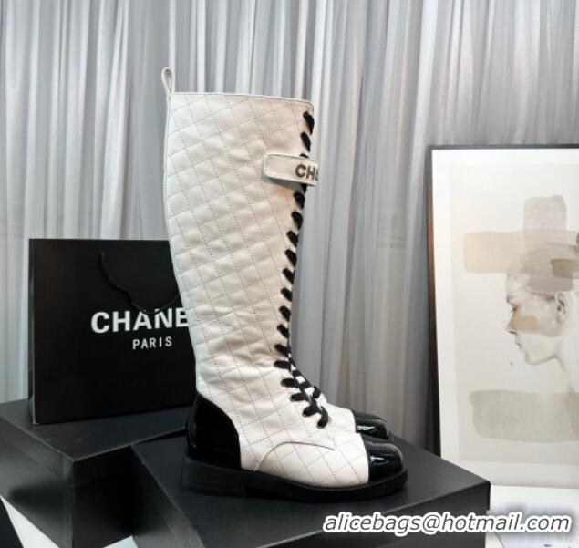 Purchase Chanel Quilted Lambskin & Patent Calfskin Lace-ups High Boots White 801078