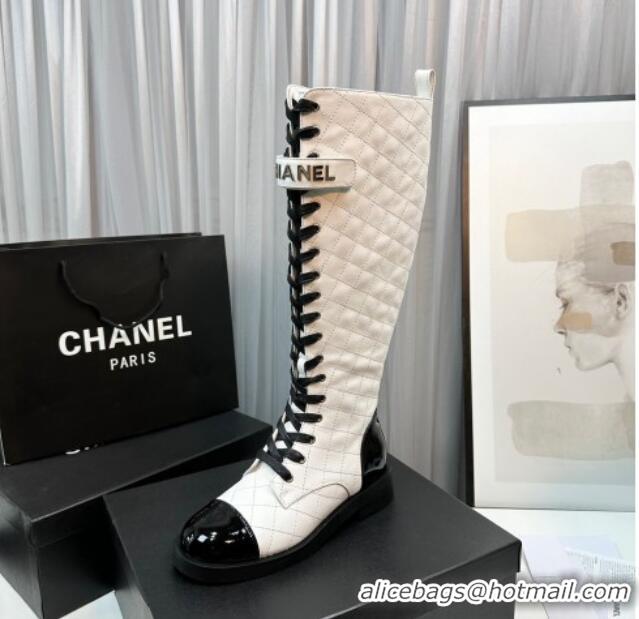 Purchase Chanel Quilted Lambskin & Patent Calfskin Lace-ups High Boots White 801078