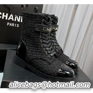 Sophisticated Chanel Tweed & Patent Calfskin Lace-ups Ankle Boots G45005 Black 801079