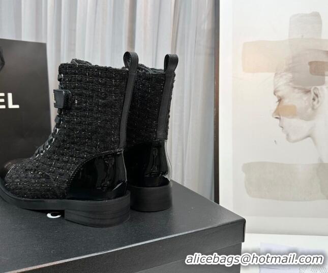 Sophisticated Chanel Tweed & Patent Calfskin Lace-ups Ankle Boots G45005 Black 801079