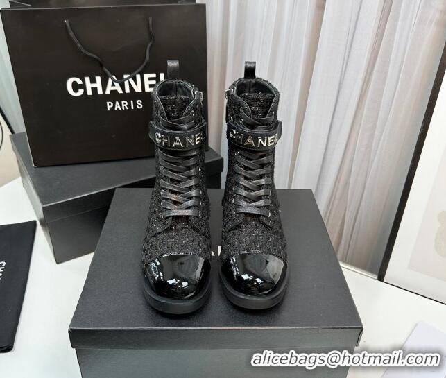 Sophisticated Chanel Tweed & Patent Calfskin Lace-ups Ankle Boots G45005 Black 801079