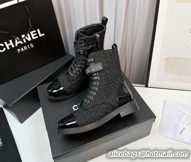 Sophisticated Chanel Tweed & Patent Calfskin Lace-ups Ankle Boots G45005 Black 801079