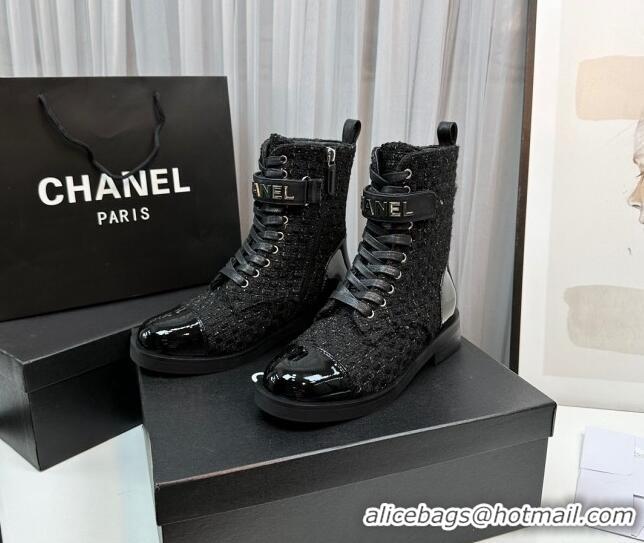 Sophisticated Chanel Tweed & Patent Calfskin Lace-ups Ankle Boots G45005 Black 801079