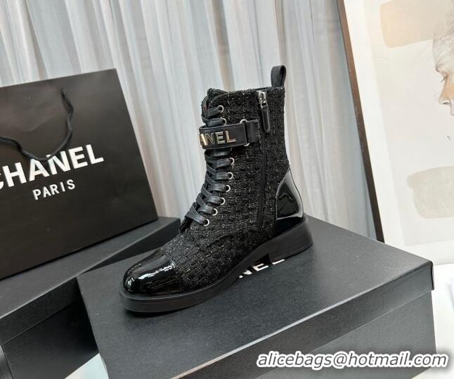 Sophisticated Chanel Tweed & Patent Calfskin Lace-ups Ankle Boots G45005 Black 801079