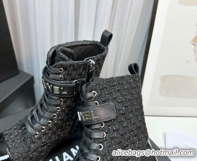 Sophisticated Chanel Tweed & Patent Calfskin Lace-ups Ankle Boots G45005 Black 801079