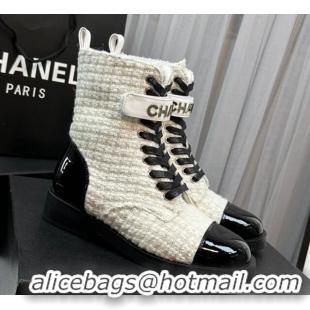 Good Quality Chanel Tweed & Patent Calfskin Lace-ups Ankle Boots G45005 White 801080