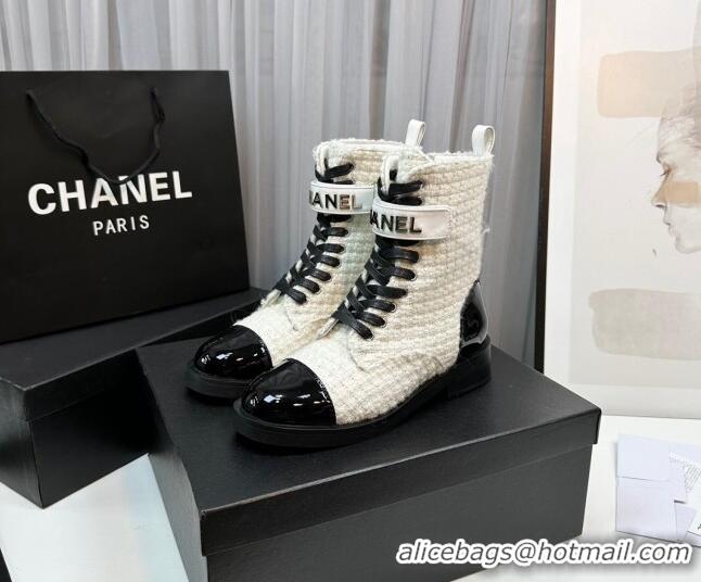 Good Quality Chanel Tweed & Patent Calfskin Lace-ups Ankle Boots G45005 White 801080