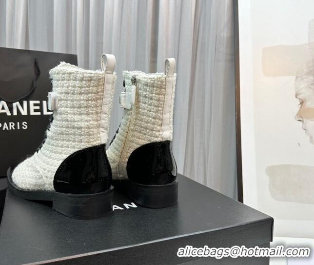 Good Quality Chanel Tweed & Patent Calfskin Lace-ups Ankle Boots G45005 White 801080