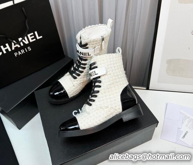 Good Quality Chanel Tweed & Patent Calfskin Lace-ups Ankle Boots G45005 White 801080