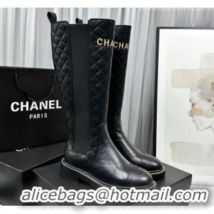 Grade Quality Chanel Shiny and Quilted Calfskin High Boots Black 801084