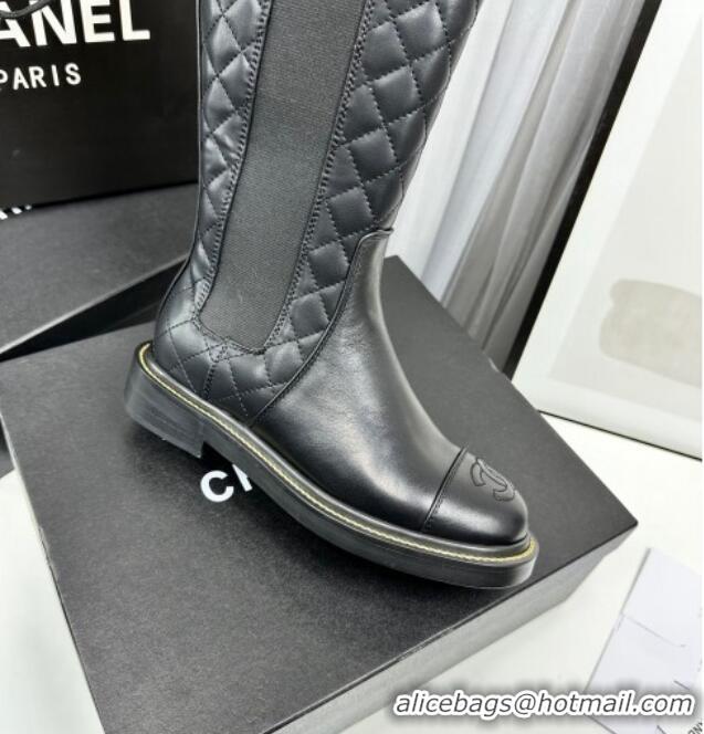 Grade Quality Chanel Shiny and Quilted Calfskin High Boots Black 801084