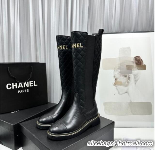 Grade Quality Chanel Shiny and Quilted Calfskin High Boots Black 801084