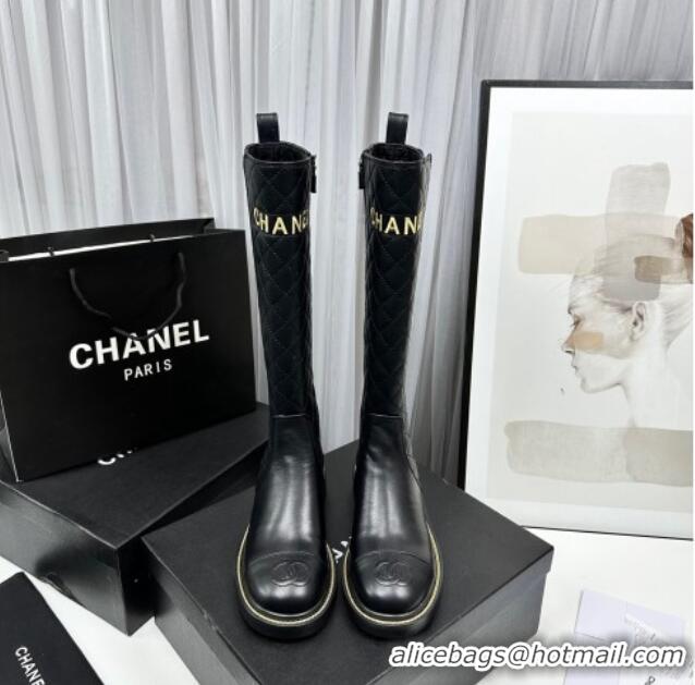 Grade Quality Chanel Shiny and Quilted Calfskin High Boots Black 801084