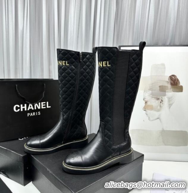 Grade Quality Chanel Shiny and Quilted Calfskin High Boots Black 801084