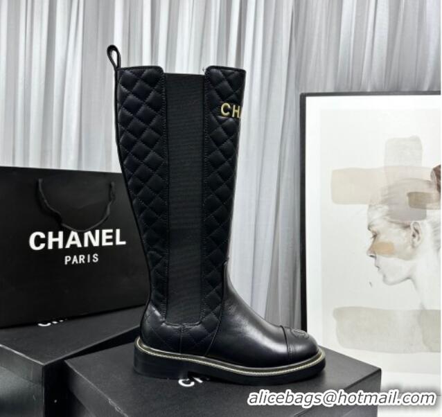 Grade Quality Chanel Shiny and Quilted Calfskin High Boots Black 801084