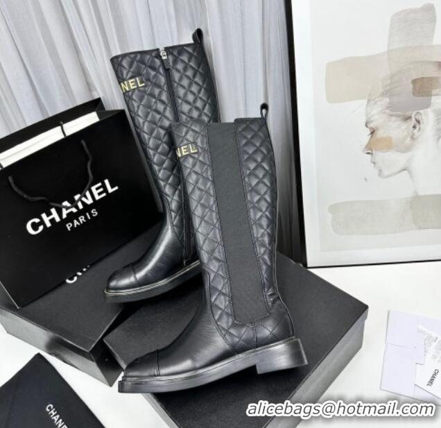 Grade Quality Chanel Shiny and Quilted Calfskin High Boots Black 801084