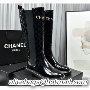 Charming Chanel Patent and Quilted Calfskin High Boots Black 801085