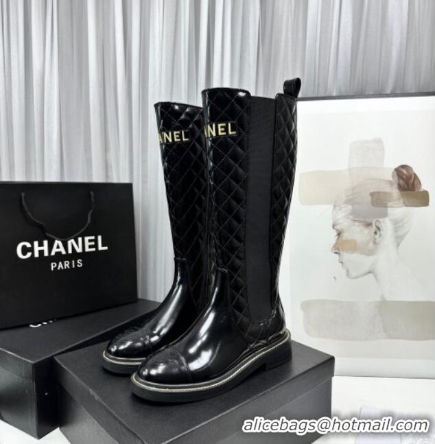 Charming Chanel Patent and Quilted Calfskin High Boots Black 801085