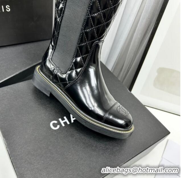 Charming Chanel Patent and Quilted Calfskin High Boots Black 801085