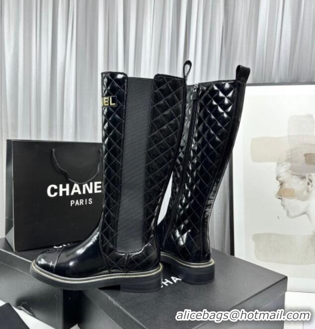 Charming Chanel Patent and Quilted Calfskin High Boots Black 801085