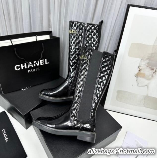 Charming Chanel Patent and Quilted Calfskin High Boots Black 801085