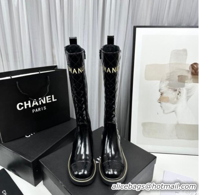 Charming Chanel Patent and Quilted Calfskin High Boots Black 801085