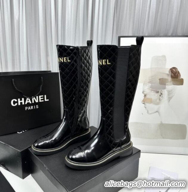 Charming Chanel Patent and Quilted Calfskin High Boots Black 801085