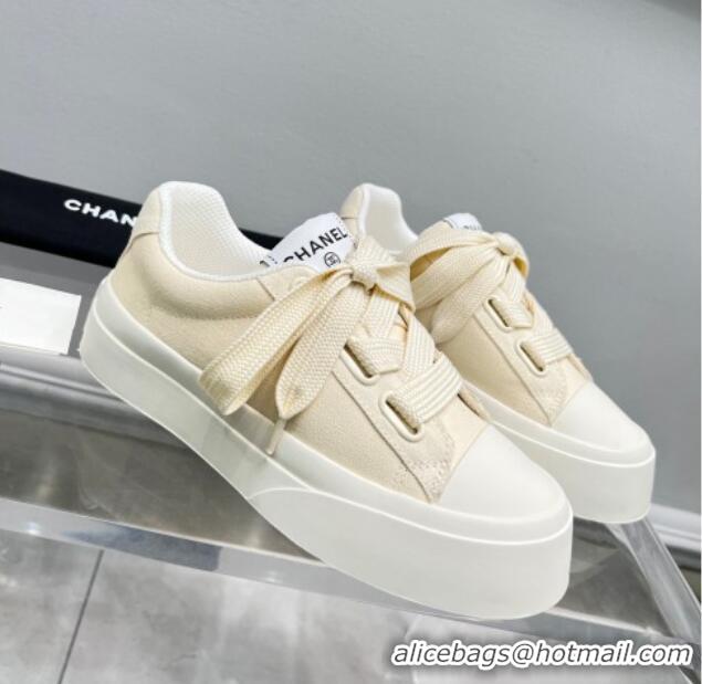 Classic Hot Chanel Canvas Platform Sneakers Light Beige 801089