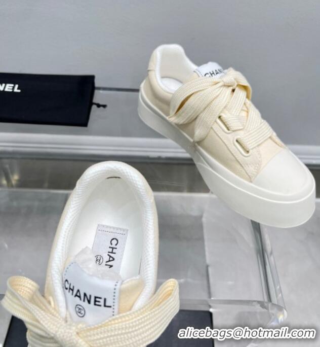 Classic Hot Chanel Canvas Platform Sneakers Light Beige 801089