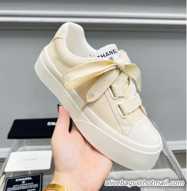 Classic Hot Chanel Canvas Platform Sneakers Light Beige 801089