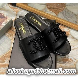 1:1 aaaaa Chanel Calfskin Flat Slide Sandals with Pearl CC Black 801113