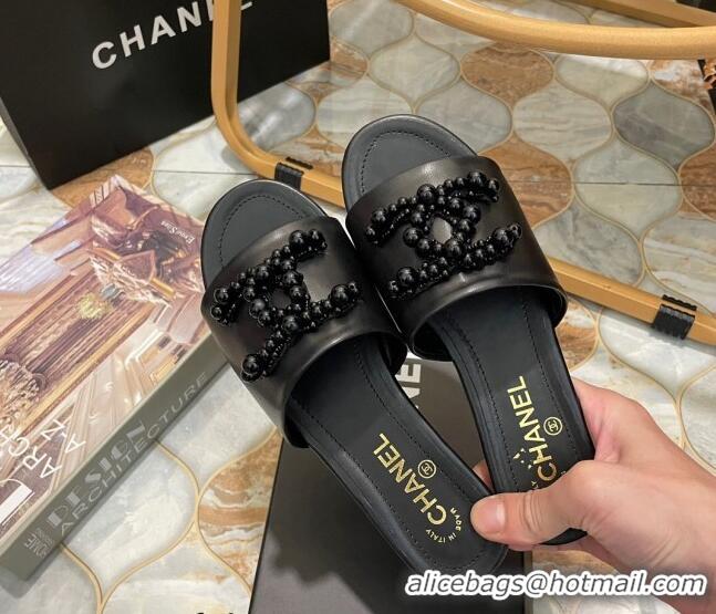 1:1 aaaaa Chanel Calfskin Flat Slide Sandals with Pearl CC Black 801113