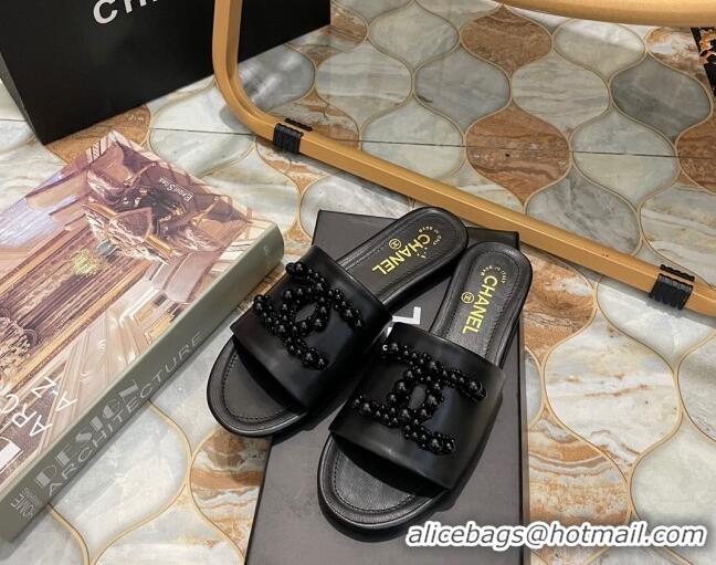 1:1 aaaaa Chanel Calfskin Flat Slide Sandals with Pearl CC Black 801113