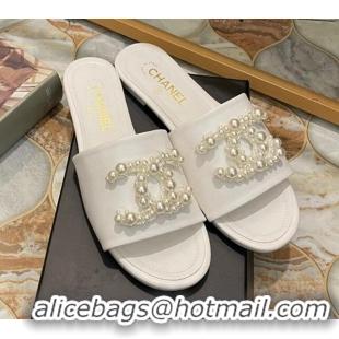 Luxury Chanel Calfskin Flat Slide Sandals with Pearl CC White 801114