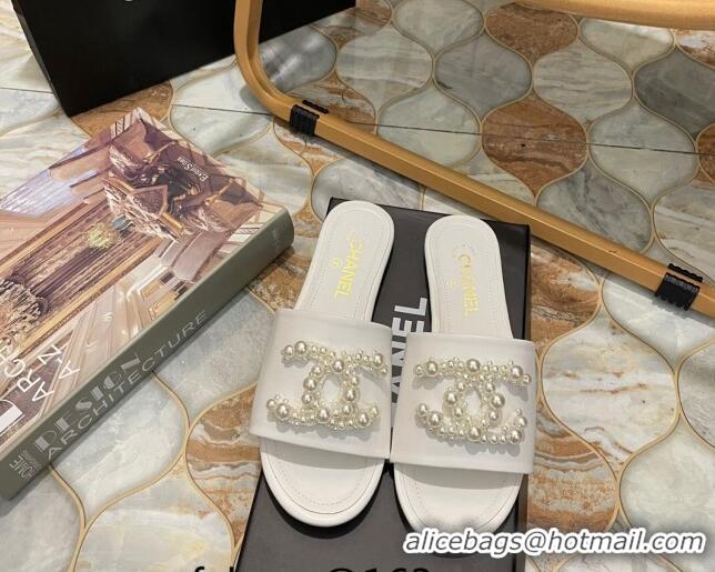 Luxury Chanel Calfskin Flat Slide Sandals with Pearl CC White 801114