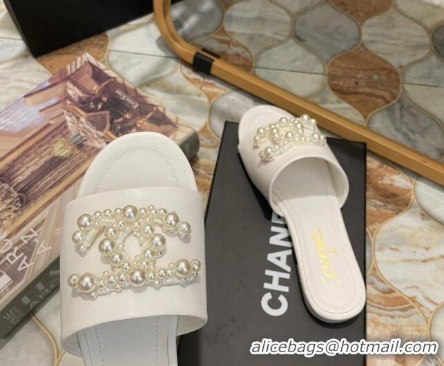 Luxury Chanel Calfskin Flat Slide Sandals with Pearl CC White 801114